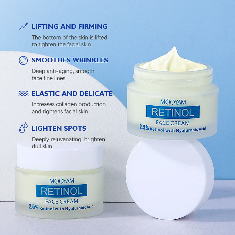 MÔOYAM
RETINOL
FACE CREAM
2.5% Retinol with Hyaluronic Acid
e 50g
1.75FL.OZ